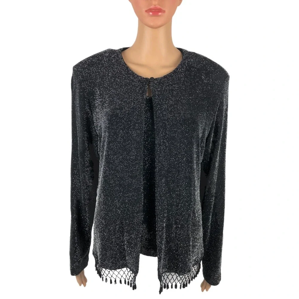 Xscape Women XL Tank Top Jacket Twin Set Black Fringe Metallic Silver Beaded EUC